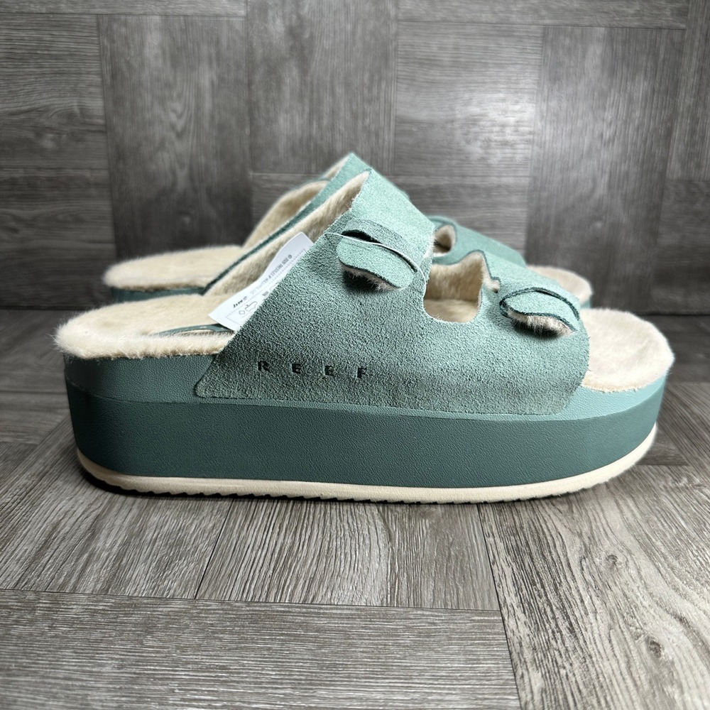 Reef Ojai Ciara Platform Slide Women 9 Frosty Green Suede Faux Fur NEW CJ7056